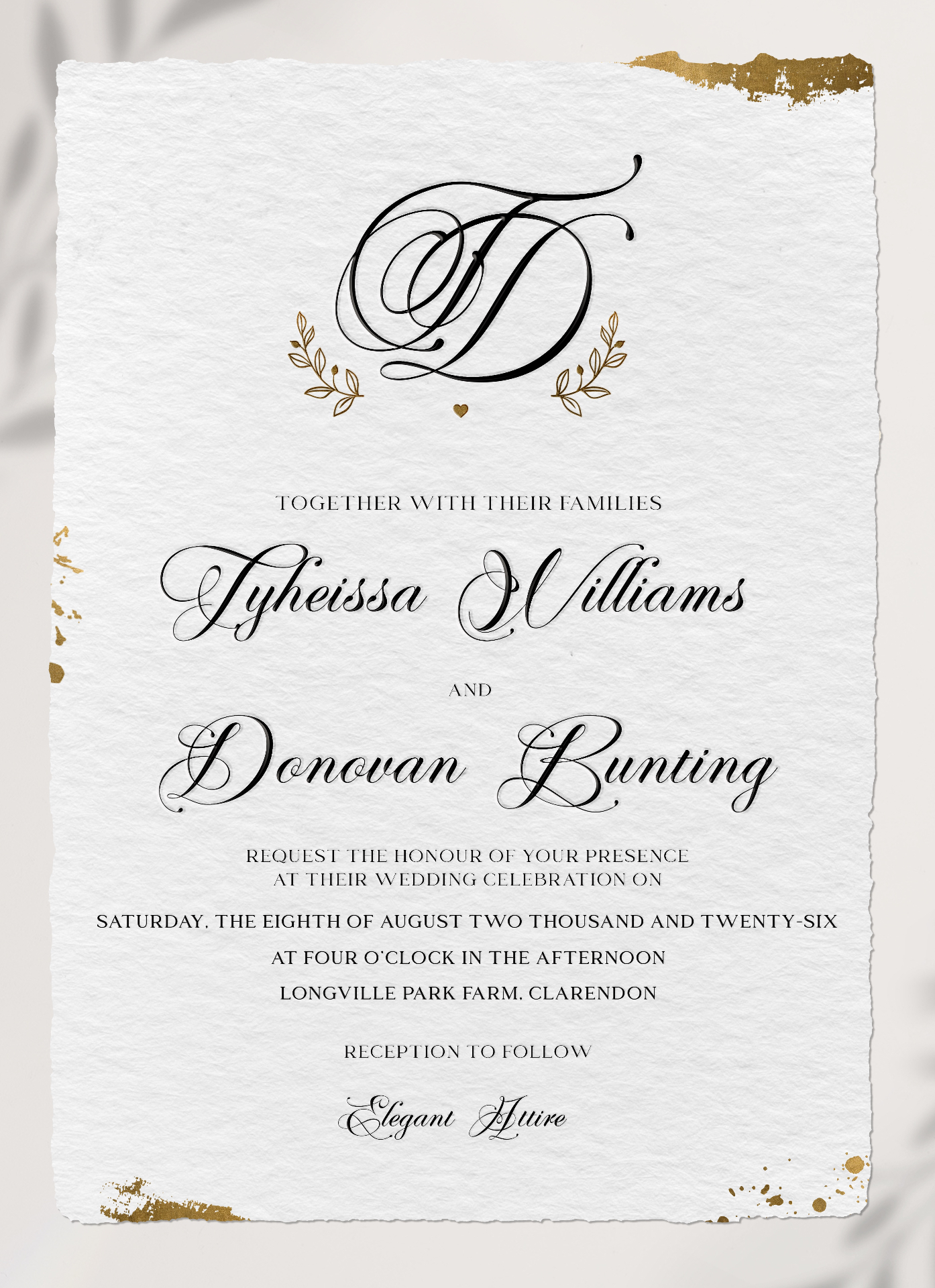 Wedding invitation — Tyheissa Williams & Donovan Bunting, August 8, 2026, Longville Park Farm, Clarendon